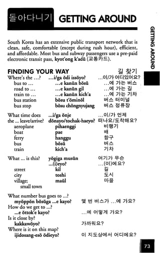 GETTING AROUND
South Korea has an extensive public transport network that is
clean, safe, comfortable (except during rush hour), efficient,
and affordable. Most bus and subway passengers use a pre-paid
electronic transit pass, kyot'ong k'adu (jE#?|-.E.).
FINDING YOUR WAY
Where's the...?
bus to ...
road to ...
train to ...
bus station
bus stop
What time does
the... leave/arrive?
aeroplane
boat
ferry
bus
...i/gaodi issoyo?
...e kanun bosu
...e kanun gil
...e kanun kich'a
bosu t'ominol
bosu chongnyujang
...i/ga onje
donayo/tochak-haeyo?
pihaenggi
pae
hanggu
bosu
kich'a
.. 01 /71- 9i *
u 11^ 71
71
What... is this? yogiga musun
...(i)eyo?
street kil
city toshi
village; maul
small town
What number bus goes to ...?
myoppon bosuga ...e kayo?
How do we get to ...?
...e dttok'e kayo?
Is it close by?
kakkawoyo?
Where is it on this map?
ijidosang-esd odieyo?
.Oil
0| OC]0{SL?
 