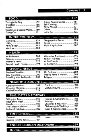 Contents i 7
Through the Day 157
Breakfast 158
Snacks 159
Vegetarian & Special Meals 160
Eating Out 161
MSldUihlllJHAM
Camping 179
Hiking 180
At the Beach 182
Weather 184
■!IJJh!—Wl
At the Doctor 189
Ailments 191
Women's Health 193
Special Health Needs 194
Disabled Travellers 199
Gay Travellers 200
Travelling with the Family 201
Cardinal Numbers 209
Counting Markers 212
Ordinal Numbers 214
Telling the Time 217
Days of the Week 218
Months 219
The Korean Calendar 219
National Holidays 222
General 233
Dealing with the Police 234
Typical Korean Dishes 164
Self-Catering 169
At the Market 171
Drinks 175
In the Bar 176
Geographical Terms 185
Fauna 186
Flora & Agriculture 187
Alternative Treatments 195
Parts of the Body 196
At the Chemist 197
At the Dentist 198
On Business 202
Tracing Roots & History 203
Religion 205
Fractions 215
Useful Amounts 215
Festivals & Celebrations 225
Birthdays 228
Christmas & New Year 229
Christenings & Weddings 231
Toasts & Condolences 231
Health 238
ENGLISH-KOREAN DICTIONARY.
 
