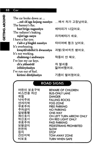 The car broke down at...
...eso ch'aga kojang nassoyo ... o A-j x7 j- m *J- ^ oj 2..
The battery's flat.
baet'origa nagassoyo "H E| £| 71- M
The radiator's leaking.
ji'rajiet'aga saeyo
I have a flat tyre.
t'aio-e p'ongku nassoyo
It's overheating.
E|-o|cHoi| ^h bd;CH2.
kwayol/obohit'ii dwaessoyo ^rii /-2. u-| 3| J= fji O| 3..
It's not working.
chaktong-i andwaeyo
I've lost my car keys.
ch'a yolsoe'rul
iroboryossoyo
I've run out of fuel.
kirumi dorojossoyo 7|#o| aotaoifl.
H^^^HT ROAD SIGNS ^^^HB
o}7HX|Q^
£r£l SAl
5jAj^A|
BEWARE OF CHILDREN
BUS-ONLY LANE
DANGER
FALLING ROCKS
FOG ZONE
FREE PARKING
NO PARKING
ONE-WAY
ON LEFT TURN ARROW ONLY
ON RED LIGHT ONLY
PAID PARKING
PEDESTRIANS PROHIBITED
SLOW
STOP
TOW-AWAY ZONE
TURN WHEN SAFE
 