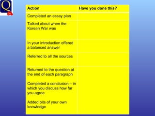 Action Have you done this? Completed an essay plan Talked about when the Korean War was In your introduction offered a balanced answer Referred to all the sources Returned to the question at the end of each paragraph Completed a conclusion – in which you discuss how far you agree Added bits of your own knowledge 