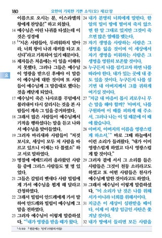 이름으로 오시는 분, 이스라엘의
왕에게찬양을!”하고외쳤다.
14 예수님은 어린 나귀를 타셨는데 이
것은성경에
15
1
“시온 사람들아, 두려워하지 말아
라. 너희 왕이 나귀 새끼를 타고 오
신다”라고기록되어있기때문이다.
16 제자들은 처음에는 이 일을 이해하
지 못했다. 그러나 그들은 예수님
이 영광을 받으신 후에야 이 말씀
이 예수님에 대한 것이며 또 사람
들이예수님께그 말씀대로했다는
것을깨닫게되었다.
17 예수님이 죽은 나사로를 무덤에서
불러내어다시살리시는것을본사
람들이계속그일을증거하였다.
18 그래서 많은 사람들이 예수님께서
기적을행하셨다는말을 듣고나와
서예수님을맞아들였다.
19 그러자 바리새파 사람들이“저것
보시오. 세상이 모두 저 사람을 따
르고 있으니 이제는 다 틀렸소”하
고서로말하였다.
20 명절에 예배드리러 올라왔던 사람
들 중에 그리스 사람들도 몇 명 있
었다.
21 그들은 갈릴리 벳새다 사람 빌립에
게 가서 예수님을 뵙게 해 달라고
간청하였다.
22 그래서 빌립이 안드레에게 가서 말
하여안드레와빌립이예수님께그
말을전하였다.
23 그러자 예수님이 이렇게 말씀하셨
다.“2
내가영광을받을때가왔다.
24 내가 분명히 너희에게 말한다. 한
알의 밀이 땅에 떨어져 죽지 않으
면 한 알 그대로 있지만 그것이 죽
으면많은열매를맺는다.
25 자기 생명을 사랑하는 사람은 그
생명을 잃을 것이며 이 세상에서
자기 생명을 미워하는 사람은 그
생명을영원히보존할것이다.
26 누구든지 나를 섬기고자 하면 나를
따라야 한다. 내가 있는 곳에 내 종
도 있을 것이다. 누구든지 나를 섬
기면 내 아버지께서 그를 귀하게
여기실것이다.
27“지금 내 마음이 몹시 괴로우니 무
슨 말을 해야 할까?‘아버지, 나를
구원하여 이 때를 피하게 해 주소
서.그러나나는이일때문에이때
에왔습니다.
28 아버지, 아버지의 이름을 영광스럽
게 하소서.’”바로 그때 하늘에서
이런 소리가 들려왔다.“내가 이미
영광스럽게 하였고 다시 영광스럽
게할것이다.”
29 그러자 곁에 서서 그 소리를 들은
사람들은 그것이 천둥 소리라고도
하였고 또 어떤 사람들은 천사가
예수님께말한것이라고도하였다.
30 그래서 예수님이 이렇게 말씀하셨
다.“이 소리가 난 것은 나를 위해
서가아니라너희를위해서이다.
31 지금은 이 세상이 심판받을 때이
다. 이제 이 세상 임금인 사탄은 쫓
겨날것이다.
32 내가 땅에서 들리면 모든 사람을
요한이 기록한 기쁜 소식(요) 제12장180
요
1슥9:9 2원문에는‘인자’(사람의아들)
 