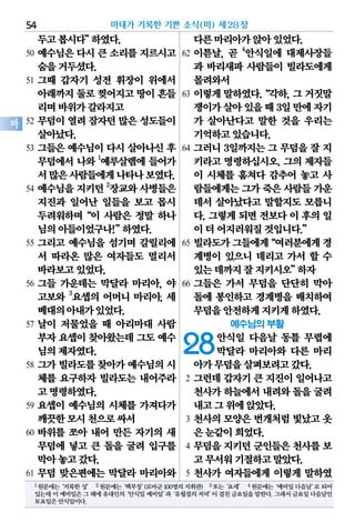 두고봅시다”하였다.
50 예수님은 다시 큰 소리를 지르시고
숨을거두셨다.
51 그때 갑자기 성전 휘장이 위에서
아래까지둘로찢어지고땅이흔들
리며바위가갈라지고
52 무덤이 열려 잠자던 많은 성도들이
살아났다.
53 그들은 예수님이 다시 살아나신 후
무덤에서 나와 1
예루살렘에 들어가
서많은사람들에게나타나보였다.
54 예수님을 지키던 2
장교와 사병들은
지진과 일어난 일들을 보고 몹시
두려워하며“이 사람은 정말 하나
님의아들이었구나!”하였다.
55 그리고 예수님을 섬기며 갈릴리에
서 따라온 많은 여자들도 멀리서
바라보고있었다.
56 그들 가운데는 막달라 마리아, 야
고보와 3
요셉의 어머니 마리아, 세
베대의아내가있었다.
57 날이 저물었을 때 아리마대 사람
부자요셉이찾아왔는데그도예수
님의제자였다.
58 그가 빌라도를 찾아가 예수님의 시
체를 요구하자 빌라도는 내어주라
고명령하였다.
59 요셉이 예수님의 시체를 가져다가
깨끗한모시천으로싸서
60 바위를 쪼아 내어 만든 자기의 새
무덤에 넣고 큰 돌을 굴려 입구를
막아놓고갔다.
61 무덤 맞은편에는 막달라 마리아와
다른마리아가앉아있었다.
62 이튿날, 곧 4
안식일에 대제사장들
과 바리새파 사람들이 빌라도에게
몰려와서
63 이렇게말하였다.“각하,그 거짓말
쟁이가살아있을때3일만에자기
가 살아난다고 말한 것을 우리는
기억하고있습니다.
64 그러니 3일까지는 그 무덤을 잘 지
키라고 명령하십시오. 그의 제자들
이 시체를 훔쳐다 감추어 놓고 사
람들에게는그가죽은사람들가운
데서 살아났다고 말할지도 모릅니
다. 그렇게 되면 전보다 이 후의 일
이더어지러워질것입니다.”
65 빌라도가그들에게“여러분에게경
계병이 있으니 데리고 가서 할 수
있는데까지잘지키시오”하자
66 그들은 가서 무덤을 단단히 막아
돌에 봉인하고 경계병을 배치하여
무덤을안전하게지키게하였다.
예수님의 부활
28안식일 다음날 동틀 무렵에
막달라 마리아와 다른 마리
아가무덤을살펴보려고갔다.
2 그런데 갑자기 큰 지진이 일어나고
천사가하늘에서내려와돌을굴려
내고그위에앉았다.
3 천사의 모양은 번개처럼 빛났고 옷
은눈같이희었다.
4 무덤을 지키던 군인들은 천사를 보
고무서워기절하고말았다.
5 천사가 여자들에게 이렇게 말하였
마태가 기록한 기쁜 소식(마) 제28장54
마
1원문에는‘거룩한성’ 2원문에는‘백부장’(로마군100명의지휘관) 3또는‘요세’ 4원문에는‘예비일다음날’로되어
있는데이예비일은그해에유대인의‘안식일예비일’과‘유월절의저녁’이겹친금요일을말한다.그래서금요일다음날인
토요일은안식일이다.
 