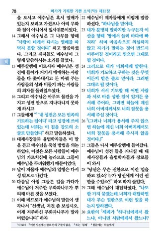 을 보시고 예수님은 혹시 열매가
있는지보려고가셨으나아직무화
과철이아니어서잎사귀뿐이었다.
14 그래서 예수님은 그 나무를 향해
“사람이 네게서 다시는 열매를 따
먹지 못할 것이다”하고 말씀하셨
다. 그리고 제자들도 예수님이 그
렇게말씀하시는소리를들었다.
15 예루살렘에 이르시자 예수님은 성
전에들어가거기서매매하는사람
들을 다 쫓아내시고 돈 바꿔 주는
사람들의상과비둘기파는사람들
의의자를둘러엎으셨다.
16 그리고 예수님은 아무도 물건을 가
지고성전안으로지나다니지못하
게하시고
17 그들에게“1
‘내성전은모든민족의
기도하는집이다’라고성경에쓰여
있는데 너희는 이 집을 강도의 소
굴로만들었다”하고말씀하셨다.
18 대제사장들과 율법학자들은 이 말
을듣고예수님을죽일방법을의논
하였다.이것은모든사람들이예수
님의 가르치심에 놀라므로 그들이
예수님을두려워했기때문이었다.
19 날이 저물자 예수님의 일행은 다시
성밖으로나갔다.
20 다음날 아침 그들은 길을 가다가
예수님이 저주한 무화과나무가 뿌
리째마른것을보았다.
21 이때 베드로가 예수님의 말씀이 생
각나서“선생님,저것좀보십시오.
어제 저주하신 무화과나무가 말라
버렸습니다”하자
22 예수님이 제자들에게 이렇게 말씀
하셨다.“하나님을믿어라.
23 내가 분명히 말하지만 누구든지 이
산을 향해‘땅에서 들려 바다에 빠
져라’하며 마음속으로 의심하지
않고 자기가 말하는 것이 반드시
이루어질 것이라고 믿으면 그대로
될것이다.
24 그러므로 내가 너희에게 말한다.
너희가기도하고구하는것은무엇
이든지 받은 줄로 믿어라. 그러면
그대로될것이다.
25 너희가 서서 기도할 때 어떤 사람
과 서로 마음 상한 일이 있거든 용
서해 주어라. 그러면 하늘에 계신
너희아버지께서도너희잘못을용
서해주실것이다.
26
2
(그러나 너희가 용서해 주지 않으
면 하늘에계신너희아버지께서도
너희 잘못을 용서해 주시지 않을
것이다.)”
27 그들은 다시 예루살렘에 들어갔다.
예수님이 성전 뜰을 거니실 때 대
제사장들과 율법학자들과 장로들
이와서
28“당신은 무슨 권한으로 이런 일을
하고 있소? 누가 당신에게 이런 권
한을주었소?”하고따져물었다.
29 그때 예수님이 대답하셨다.“나도
한 가지묻겠는데너희가대답하면
내가 무슨 권한으로 이런 일을 하
는지말하겠다.
30 요한의 3
세례가 4
하나님에게서 왔
느냐, 아니면 사람에게서 왔느냐?
마가가 기록한 기쁜 소식(막) 제11장78
막
1사56:7 2어떤사본에는괄호안의구절이없음. 3또는‘침례’ 4원문에는‘하늘에서’
 