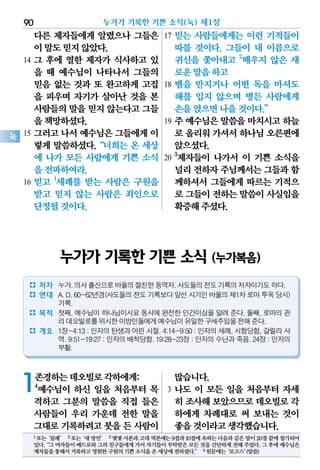 누가가 기록한 기쁜 소식(눅) 제1장90
눅
다른 제자들에게 알렸으나 그들은
이말도믿지않았다.
14 그 후에 열한 제자가 식사하고 있
을 때 예수님이 나타나서 그들의
믿음 없는 것과 또 완고하게 고집
을 피우며 자기가 살아난 것을 본
사람들의말을믿지 않는다고그들
을책망하셨다.
15 그러고 나서 예수님은 그들에게 이
렇게 말씀하셨다.“너희는 온 세상
에 나가 모든 사람에게 기쁜 소식
을전파하여라.
16 믿고 1
세례를 받는 사람은 구원을
받고 믿지 않는 사람은 죄인으로
단정될것이다.
17 믿는 사람들에게는 이런 기적들이
따를 것이다. 그들이 내 이름으로
귀신을 쫓아내고 2
배우지 않은 새
로운말을하고
18 뱀을 만지거나 어떤 독을 마셔도
해를 입지 않으며 병든 사람에게
손을얹으면나을것이다.”
19 주 예수님은 말씀을 마치시고 하늘
로 올리워가셔서하나님오른편에
앉으셨다.
20
3
제자들이 나가서 이 기쁜 소식을
널리전하자주님께서는그들과함
께하셔서 그들에게 따르는 기적으
로 그들이전하는말씀이사실임을
확증해주셨다.
1존경하는데오빌로각하에게:
4
예수님이 하신 일을 처음부터 목
격하고 그분의 말씀을 직접 들은
사람들이 우리 가운데 전한 말을
그대로기록하려고붓을 든 사람이
많습니다.
3 나도 이 모든 일을 처음부터 자세
히 조사해보았으므로데오빌로각
하에게 차례대로 써 보내는 것이
좋을것이라고생각했습니다.
1또는‘침례’ 2또는‘새방언’ 3몇몇사본과고대역본에는9절과10절에속하는다음과같은말이20절끝에첨가되어
있다.“그여자들이베드로와그의친구들에게가서자기들이부탁받은모든것을간단하게전해주었다.그후에예수님은
제자들을통해서거룩하고영원한구원의기쁜소식을온세상에전하셨다.” 4원문에는‘로고스’(말씀)
누가가 기록한 기쁜 소식 (누가복음)
� 저자 누가.의사출신으로바울의절친한동역자.사도들의전도기록의저자이기도하다.
� 연대 A.D.60-62년경(사도들의전도기록보다앞선시기인바울의제1차로마투옥당시)
기록.
� 목적 첫째, 예수님이 하나님이시요 동시에 완전한 인간이심을 알려 준다. 둘째, 로마의 관
리데오빌로를위시한이방인들에게예수님이유일한구세주임을전해준다.
� 개요 1장-4:13 : 인자의 탄생과 어린 시절. 4:14-9:50 : 인자의 세례, 시험당함, 갈릴리 사
역. 9:51-19:27 : 인자의 배척당함. 19:28-23장 : 인자의 수난과 죽음. 24장 : 인자의
부활.
 