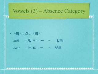 Vowels (3) – Absence Category / 외 /,  / 으 /,  / 의 / milk   :  밀 ㅋ  + ㅡ  =  밀크 boat  :  보 ㅌ + ㅡ  =  보트 