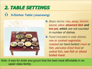 2. TABLE SETTINGS Ó   9-Dishes Table (Juansang) Basic items:  rice, soup, kimchi, sauce,   stew,  steamed dish  and  hot pot , which  are   not counted in number of dishes. Food included in side dishes:  raw or cooked vegetable, roasted  (or hard boiled)  meat  or  fish, pancake dried food  or  salted fish,  raw fish or sliced boiled meat .  Note: It was for bride and groom  that the best meal affordable in an upper class family. 