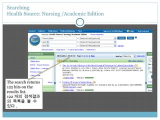 Searching  Health Source: Nursing /Academic Edition The search returns 122 hits on the results list. 122 개의 검색결과의 목록을 볼 수 있다 . 