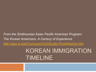 Korean Immigration Timeline From the Smithsonian Asian Pacific American Program:  The Korean Americans, A Century of Experience http://apa.si.edu/Curriculum%20Guide-Final/timeline.htm 