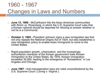 1960 - 1967Changes in Laws and NumbersJune 13, 1960 - McCarthyism hits the Asian American communities with Kimm vs. Rosenberg, in which the U.S. Supreme Court rules that a Korean national should be deported for refusing to answer whether or not he is a Communist.October 3, 1965 -President Johnson signs a new immigration law that not only repeals the National Origins Act of 1924, but also establishes a new immigration policy to enable Asian immigrants to come to the United States.  Rapid population growth, urbanization, and the increasingly authoritarian character of the Korean government fuels Korean immigration to the United States. By 1976, Korean immigration exceeded 30,000, leading to the emergence of “Koreatowns” in Los Angeles and Chicago. June 1967 - Anti-miscegenation laws are ruled unconstitutional by the U.S. Supreme Court ( Loving v. Virginia ).