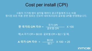 Cost per install (CPI) 
사용자 기기에 앱이 설치될 때마다 광고주들에게 드는 비용 
명시된 모든 비용 관련 정보는 인모비 네트워크상의 글로벌 CPI를 반영했습니다. 
국가 CPI 
글로벌 CPI 
한 국가의 CPI 지수 = --------------------- X 100 
예) A 국가 CPI = $0.53 글로벌 CPI = $2.1 일 때, 
$0.53 
$2.1 
A 국가 CPI 지수 = ------------- X 100 = 25 
 