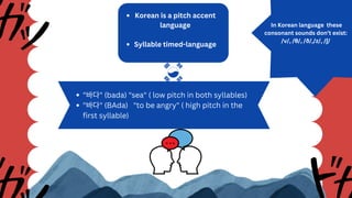 Korean is a pitch accent
language
Syllable timed-language
In Korean language these
consonant sounds don’t exist:
/v/, /θ/, /ð/,/z/, /ʃ/
"바다" (bada) "sea" ( low pitch in both syllables)
"바다" (BAda) "to be angry" ( high pitch in the
first syllable)
 