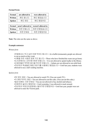 Formal Form
Formal are allowed to were allowed to
Written 해도 됩니다 해도 됐었습니다
Spoken 해도 돼요 해도 됐었어요
Formal aren't allowed to weren't allowed to
Written 하면 안됩니다 하면 안됐었습니다
Spoken 하면 안돼요 하면 안됐었어요
Note: The rules are the same as above.
Example sentences
Written form
•부페에서는 먹고 싶은 만큼 먹어도 됩니다 = At a buffet (restaurant), people are allowed
to eat as much as they want.
•시험을 마친 사람은 집에 가도 됩니다 = Those who have finished the exam can go home.
•도서관에서는 크게 얘기하면 안됩니다. = It is not allowed to speak loudly in the library.
•신생아들은 딱딱한 음식을 먹으면 안됩니다. = Infants are not allowed to eat solid food.
•작년까지 학생들은 매점 자판기를 사용해도 됐었습니다 = Until last year, students were
allowed to use a stall vending machine.
Spoken form
•TV 봐도 돼요 = You are allowed to watch TV. (You can watch TV.)
•이 케잌 먹어도 돼요 = You are allowed to eat this cake. (You can eat this cake,)
•술과 담배는 사면 안돼요 = You are not allowed to buy alcohol and tobacco.
•어제까지 놀아도 됐었어요 = Until yesterday, I was allowed to muck around.
•작년까지 빅토리아공원에는 들어가면 안됐었어요 = Until last year, people were not
allowed to enter the Victoria park.
148
 