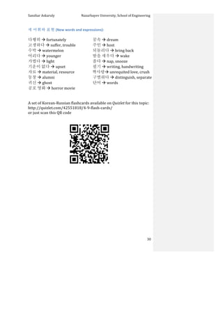 Sanzhar	
  Askaruly	
  	
  	
  	
  	
  	
  	
  	
  	
  	
  	
  	
  	
  	
  	
  	
  	
  	
  	
  	
  	
  	
  	
  	
  	
  	
  	
  	
  	
  	
  	
  	
  	
  	
  Nazarbayev	
  University,	
  School	
  of	
  Engineering	
  
	
   	
   	
   30	
  
새	
  어휘와	
  표현	
  (New	
  words	
  and	
  expressions):	
  
	
  
다행히	
  à	
  fortunately	
  
고생하다	
  à	
  suffer,	
  trouble	
  
수박	
  à	
  watermelon	
  
어리다	
  à	
  younger	
  
가볍다	
  à	
  light	
  
기운이	
  없다	
  à	
  upset	
  
자료	
  à	
  material,	
  resource	
  
동창	
  à	
  alumni	
  
귀신	
  à	
  ghost	
  
공포	
  영화	
  à	
  horror	
  movie	
  
꿈속	
  à	
  dream	
  
주인	
  à	
  host	
  
되돌리다	
  à	
  bring	
  back	
  	
  
밤을	
  새우다	
  à	
  wake	
  
졸다	
  à	
  nap,	
  snooze	
  
필기	
  à	
  writing,	
  handwriting	
  
	
  	
  짝사랑à	
  unrequited	
  love,	
  crush	
  
구별하다	
  à	
  distinguish,	
  separate	
  
단어	
  à	
  words	
  
	
  
	
  
A	
  set	
  of	
  Korean-­‐Russian	
  flashcards	
  available	
  on	
  Quizlet	
  for	
  this	
  topic:	
  	
  
http://quizlet.com/42551818/4-­‐9-­‐flash-­‐cards/	
  	
  
or	
  just	
  scan	
  this	
  QR	
  code	
  	
  
	
  
	
  
	
  
	
  
	
  
	
  
	
  
	
  
	
  
	
  
	
  
	
  
	
  
	
  
 