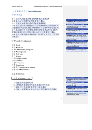 Sanzhar	
  Askaruly	
  	
  	
  	
  	
  	
  	
  	
  	
  	
  	
  	
  	
  	
  	
  	
  	
  	
  	
  	
  	
  	
  	
  	
  	
  	
  	
  	
  	
  	
  	
  	
  	
  	
  Nazarbayev	
  University,	
  School	
  of	
  Engineering	
  
	
   	
   	
   34	
  
11.	
  영화와	
  드라마	
  [Movie&Drama]	
  
대화	
  1	
  (Dialog)	
  
	
  
정우:	
  로라	
  씨,	
  시간	
  있으면	
  같이	
  영화	
  보러	
  갈까요?	
  
로라:	
  좋아요.	
  그런데	
  무슨	
  영화를	
  볼	
  거예요?	
  
정우:	
  글쎄요.	
  로라	
  씨는	
  어떤	
  영화를	
  좋아해요?	
  
로라:	
  저는	
  ‘첫사랑’같이	
  아름답고	
  슬픈	
  사랑	
  이야기를	
  좋아해요.	
  
그런	
  영화는	
  배우들도	
  멋있지만	
  영상도	
  그림같이	
  아름답거든요.	
  	
  	
  
정우:	
  음,	
  그럼	
  우리	
  이번에	
  ‘건축학개론’을	
  볼까요?	
  주인공들의	
  
대학교	
  때	
  사랑	
  이야기인데,	
  아마	
  로라	
  씨	
  마음에	
  들	
  거예요.	
  	
  
로라:	
  저도	
  얼마	
  전에	
  그	
  영화	
  이야기를	
  들었어요.	
  우리	
  그	
  영화를	
  
보러	
  가요.	
  	
  
	
   	
  	
  
어휘와	
  표현	
  (Vocabulary):	
  
	
  
제목	
  à	
  title	
  
내용	
  à	
  content	
  
줄거리	
  à	
  synopsis/story	
  line	
  
배경	
  à	
  background	
  
감독	
  à	
  director	
  	
  
배우	
  à	
  actor	
  
연기자	
  à	
  performer	
  
주인공	
  à	
  hero	
  
시청자	
  à	
  viewer	
  
관객	
  à	
  audience	
  
영화	
  감상	
  à	
  movie	
  appreciation	
  
영화	
  음악	
  à	
  soundtrack	
  
	
  
문	
  법	
  (Grammar):	
  
	
  
…	
  같이	
  à	
  Such	
  as	
  …/	
  like	
  … 	
  
	
  
1)	
  가:	
  어떤	
  영화를	
  좋아해요?	
  
	
  	
  	
  	
  	
  나:	
  ‘로미오와	
  줄리엣’같이	
  슬픈	
  영화를	
  좋아해요.	
  
2)	
  가:	
  타완	
  씨는	
  한국어를	
  참	
  잘하는	
  것	
  같아요.	
  	
  
	
  	
  	
  	
  	
  나:	
  저도	
  그렇게	
  생각해요.	
  타완	
  씨는	
  한국	
  사람같이	
  말해요.	
  
	
  
	
  
Sanzhar Askaruly 4/22/15 7:01 PM
Comment [198]: Laura,	
  when	
  you	
  have	
  
time,	
  shall	
  we	
  go	
  to	
  watch	
  movie?	
  
Sanzhar Askaruly 4/22/15 7:01 PM
Comment [199]: I	
  like	
  it.	
  But	
  what	
  kind	
  
of	
  movie	
  shall	
  we	
  watch?	
  
Sanzhar Askaruly 4/22/15 7:01 PM
Comment [200]: Well.	
  What	
  movie	
  
would	
  Laura	
  like?	
  
Sanzhar Askaruly 4/22/15 7:01 PM
Comment [201]: I like beautiful and sad
love stories such as ‘First Love’. In this movie,
actors are pretty, also images are like in the
picture, very beautiful.
Sanzhar Askaruly 4/22/15 7:01 PM
Comment [202]: Maybe	
  this	
  time	
  we	
  will	
  
see	
  ‘Introduction	
  of	
  architecture’?	
  It	
  tells	
  
about	
  love	
  during	
  performers	
  are	
  students,	
  
probably	
  Laura	
  will	
  like	
  it.	
  	
  
Sanzhar Askaruly 4/22/15 7:01 PM
Comment [203]: I	
  also	
  heard	
  about	
  this	
  
movie	
  recently.	
  Let’s	
  go	
  to	
  see	
  that	
  movie.	
  	
  
Sanzhar Askaruly 4/22/15 7:01 PM
Comment [204]: What	
  kind	
  of	
  movie	
  do	
  
you	
  like?	
  
Sanzhar Askaruly 4/22/15 7:01 PM
Comment [205]: I	
  like	
  sad	
  movies	
  such	
  
as	
  ‘Romeo	
  and	
  Juliet’	
  
Sanzhar Askaruly 4/22/15 7:01 PM
Comment [206]: Tawan	
  seems	
  to	
  speak	
  
Korean	
  really	
  well.	
  
Sanzhar Askaruly 4/22/15 7:01 PM
Comment [207]: I	
  also	
  think	
  so.	
  Tawan	
  
speaks	
  like	
  Korean	
  people.	
  
 