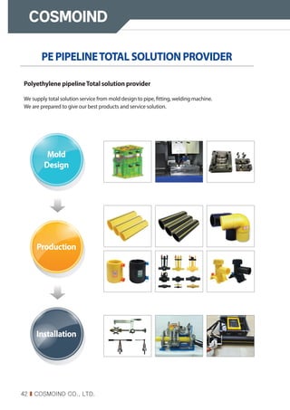 42 I COSMOIND CO., LTD.
Polyethylene pipelineTotal solution provider
We supply total solution service from mold design to pipe, fitting, welding machine.
We are prepared to give our best products and service solution.
Mold
Design
Production
Installation
PEPIPELINETOTALSOLUTIONPROVIDER
 