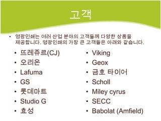 고객
• 영광인쇄는 여러 산업 분야의 고객들께 다양한 상품을
  제공합니다. 영광인쇄의 가장 큰 고객들은 아래와 같습니다.

 •   뜨레쥬르(CJ)      •   Viking
 •   오리온           •   Geox
 •   Lafuma        •   금호 타이어
 •   GS            •   Scholl
 •   롯데마트          •   Miley cyrus
 •   Studio G      •   SECC
 •   효성            •   Babolat (Amfield)
 