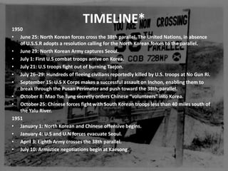 TIMELINE*1950June 25: North Korean forces cross the 38th parallel. The United Nations, in absence of U.S.S.R adopts a resolution calling for the North Korean forces to the parallel.June 29: North Korean Army captures Seoul.July 1: First U.S combat troops arrive on Korea.July 21: U.S troops fight out of burning Taejon.July 26–29: Hundreds of fleeing civilians reportedly killed by U.S. troops at No Gun Ri.September 15: U.S X Corps makes a successful assault on Inchon, enabling them to break through the Pusan Perimeter and push toward the 38th-parallel.October 8: Mao Tse Tung secretly orders Chinese “volunteers” into Korea.October 25: Chinese forces fight with South Korean troops less than 40 miles south of the Yalu River.1951January 1: North Korean and Chinese offensive begins.January 4: U.S and U.N forces evacuate Seoul.April 3: Eighth Army crosses the 38th parallel.July 10: Armistice negotiations begin at Kaesong.