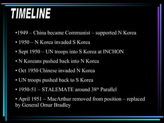 1949 – China became Communist – supported N Korea 1950 – N Korea invaded S Korea  Sept 1950 – UN troops into S Korea at INCHON N Koreans pushed back into N Korea Oct 1950 Chinese invaded N Korea UN troops pushed back to S Korea 1950-51 – STALEMATE around 38 th  Parallel April 1951 – MacArthur removed from position – replaced by General Omar Bradley TIMELINE 