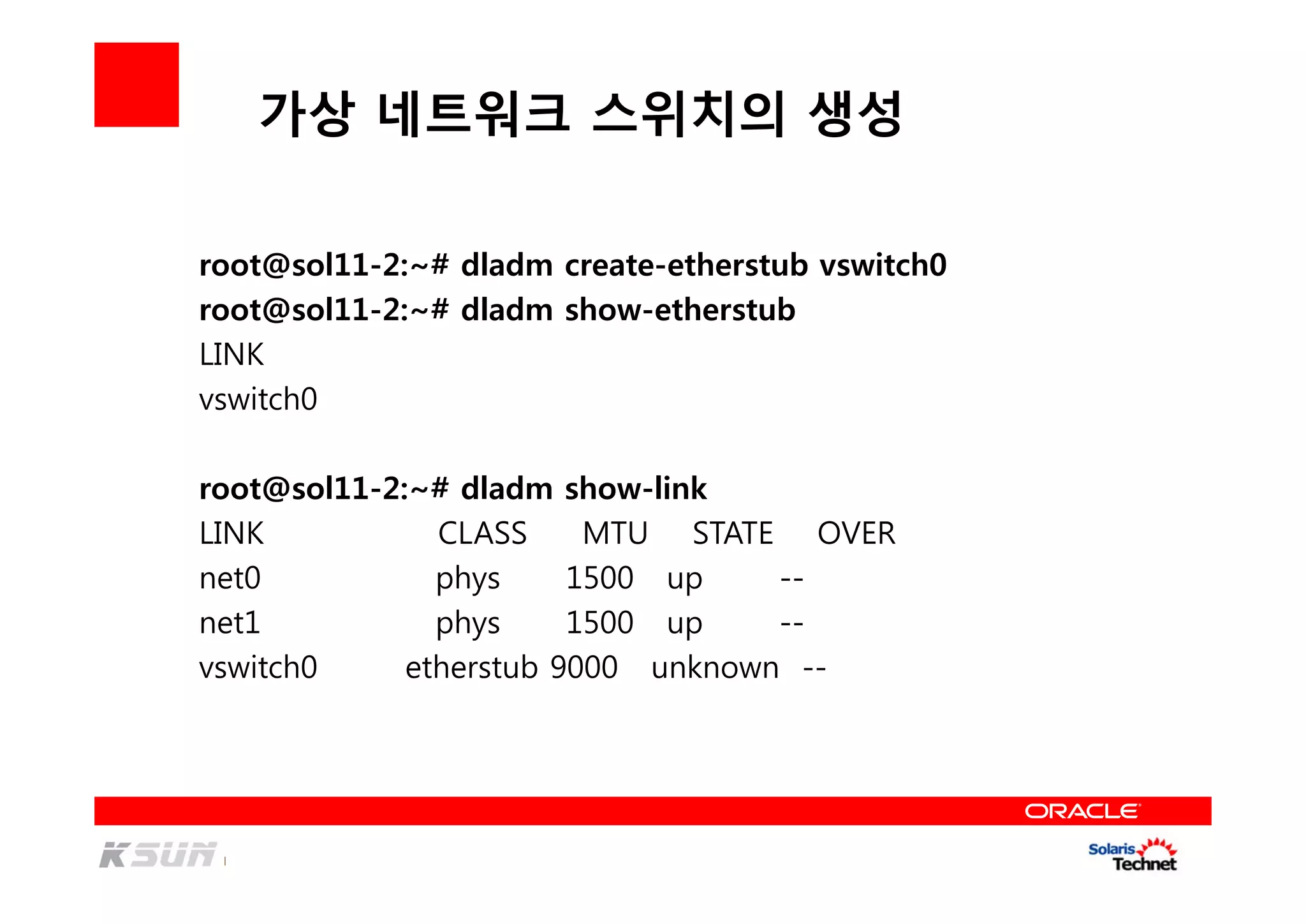 가상 네트워크 스위치의 생성
root@sol11-2:~# dladm create-etherstub vswitch0
root@sol11-2:~# dladm show-etherstub
LINK
vswitch0
root@sol11-2:~# dladm show-link
LINK CLASS MTU STATE OVER
net0 phys 1500 up --
net1 phys 1500 up --
vswitch0 etherstub 9000 unknown --
 