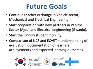 Future Goals
• Continue teacher exchange in Vehicle sector,
Mechanical and Electrical Engineering.
• Start cooperation with new partners in Vehicle
Sector (Ajou) and Electrical engineering (Gwanju).
• Start the Finnish student mobility.
• Comparison of NCS and ECVET – understanding of
evaluation, documentation of learners
achievements and expected learning outcomes.
 