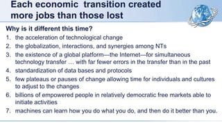 Each economic transition created
more jobs than those lost
Why is it different this time?
1. the acceleration of technological change
2. the globalization, interactions, and synergies among NTs
3. the existence of a global platform—the Internet—for simultaneous
technology transfer … with far fewer errors in the transfer than in the past
4. standardization of data bases and protocols
5. few plateaus or pauses of change allowing time for individuals and cultures
to adjust to the changes
6. billions of empowered people in relatively democratic free markets able to
initiate activities
7. machines can learn how you do what you do, and then do it better than you.
 