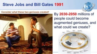 Steve Jobs and Bill Gates 1991
By 2030-2050 millions of
people could become
augmented geniuses, and
what could we create?
Consider what these two geniuses created!
Source: reddit.com/r/OldSchoolCool/
 