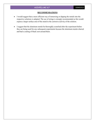 AKINPELUMI K.F                                         100401013

                           RECOMMENDATIONS

I would suggest that a more efficient way of immersing or dipping the metals into the
respective solutions is adopted. The use of strings is strongly recommended as this would
expose a larger surface area of the metal to the corrosive activity of the solution.

I suggest that the aluminum metals be thoroughly scratched after the experiment before
they are being used for any subsequent experiments because the aluminum metals charred
and had a coating of black soot around them.
 