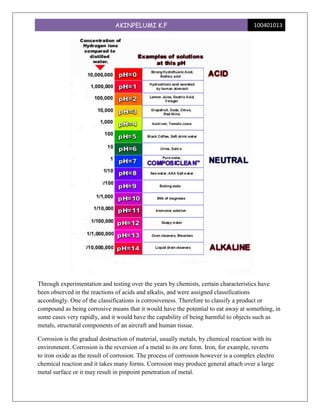 AKINPELUMI K.F                                         100401013




Through experimentation and testing over the years by chemists, certain characteristics have
been observed in the reactions of acids and alkalis, and were assigned classifications
accordingly. One of the classifications is corrosiveness. Therefore to classify a product or
compound as being corrosive means that it would have the potential to eat away at something, in
some cases very rapidly, and it would have the capability of being harmful to objects such as
metals, structural components of an aircraft and human tissue.

Corrosion is the gradual destruction of material, usually metals, by chemical reaction with its
environment. Corrosion is the reversion of a metal to its ore form. Iron, for example, reverts
to iron oxide as the result of corrosion. The process of corrosion however is a complex electro
chemical reaction and it takes many forms. Corrosion may produce general attach over a large
metal surface or it may result in pinpoint penetration of metal.
 