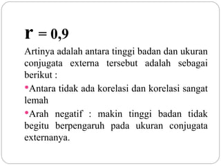 r  = 0,9 Artinya adalah antara tinggi badan dan ukuran conjugata externa tersebut adalah sebagai berikut : Antara tidak ada korelasi dan korelasi sangat lemah Arah negatif : makin tinggi badan tidak begitu berpengaruh pada ukuran conjugata externanya. 
