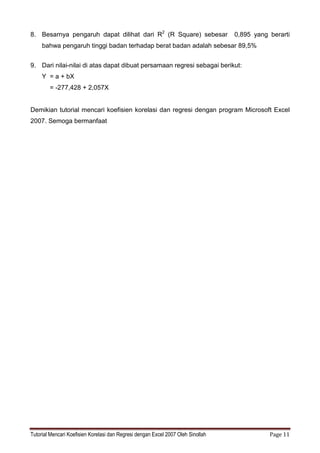 Tutorial Mencari Koefisien Korelasi dan Regresi dengan Excel 2007 Oleh Sinollah Page 11
8. Besarnya pengaruh dapat dilihat dari R2
(R Square) sebesar 0,895 yang berarti
bahwa pengaruh tinggi badan terhadap berat badan adalah sebesar 89,5%
9. Dari nilai-nilai di atas dapat dibuat persamaan regresi sebagai berikut:
Y = a + bX
= -277,428 + 2,057X
Demikian tutorial mencari koefisien korelasi dan regresi dengan program Microsoft Excel
2007. Semoga bermanfaat
 