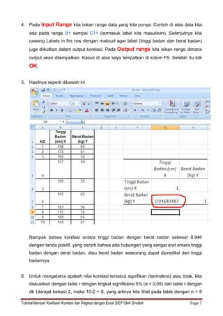 Tutorial Mencari Koefisien Korelasi dan Regresi dengan Excel 2007 Oleh Sinollah Page 7
4. Pada Input Range kita isikan range data yang kita punya. Contoh di atas data kita
ada pada range B1 sampai C11 (termasuk label kita masukkan). Selanjutnya kita
cawang Labels in firs row dengan maksud agar label (tinggi badan dan berat badan)
juga diikutkan dalam output korelasi. Pada Output range kita isikan range dimana
output akan ditempatkan. Kasus di atas saya tempatkan di kolom F5. Setelah itu klik
OK.
5. Hasilnya seperti dibawah ini
Nampak bahwa korelasi antara tinggi badan dengan berat badan sebesar 0,946
dengan tanda positif, yang berarti bahwa ada hubungan yang sangat erat antara tinggi
badan dengan berat badan, atau berat badan seseorang dapat diprediksi dari tinggi
badannya.
6. Untuk mengetahui apakah nilai korelasi tersebut signifikan (bermakna) atau tidak, kita
diskusikan dengan table r dengan tingkat signifikansi 5% (α = 0,05) dari table r dengan
db (derajat bebas) 2, maka 10-2 = 8, yang artinya kita lihat pada table dengan n = 8
 