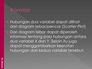  Hubungan dua variabel dapat dilihat
                 dari diagram tebar/pencar (Scatter Plot)
                Dari diagram tebar dapat diperoleh
                 informasi tentang pola hubungan antara
                 dua variabel X dan Y. Selain itu juga
                 dapat menggambarkan keeratan
                 hubungan dari kedua variabel tersebut.
BioStatistik
 