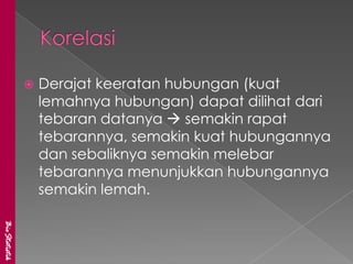    Derajat keeratan hubungan (kuat
                   lemahnya hubungan) dapat dilihat dari
                   tebaran datanya  semakin rapat
                   tebarannya, semakin kuat hubungannya
                   dan sebaliknya semakin melebar
                   tebarannya menunjukkan hubungannya
                   semakin lemah.
BioStatistik
 