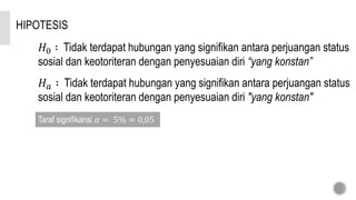 HIPOTESIS
𝐻0 ∶ Tidak terdapat hubungan yang signifikan antara perjuangan status
sosial dan keotoriteran dengan penyesuaian diri “yang konstan”
𝐻 𝑎 ∶ Tidak terdapat hubungan yang signifikan antara perjuangan status
sosial dan keotoriteran dengan penyesuaian diri "yang konstan"
Taraf signifikansi 𝛼 = 5% = 0,05
 