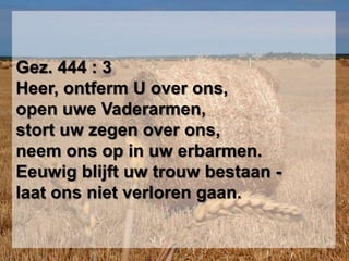 Gez. 444 : 3Heer, ontferm U over ons,open uwe Vaderarmen,stort uw zegen over ons,neem ons op in uw erbarmen.Eeuwig blijft uw trouw bestaan -laat ons niet verloren gaan.