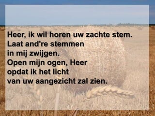 Heer, ik wil horen uw zachte stem.Laat and're stemmenin mij zwijgen.Open mijn ogen, Heeropdat ik het lichtvan uw aangezicht zal zien.