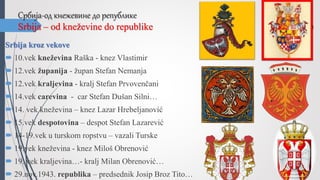 Србија-од кнежевине до републике
Srbija – od kneževine do republike
Srbija kroz vekove
 10.vek kneževina Raška - knez Vlastimir
 12.vek županija - župan Stefan Nemanja
 12.vek kraljevina - kralj Stefan Prvovenčani
 14.vek carevina - car Stefan Dušan Silni…
 14. vek kneževina – knez Lazar Hrebeljanović
 15.vek despotovina – despot Stefan Lazarević
 14-19.vek u turskom ropstvu – vazali Turske
 19.vek kneževina - knez Miloš Obrenović
 19. vek kraljevina…- kralj Milan Obrenović…
 29.nov.1943. republika – predsednik Josip Broz Tito…
Stefan
Nemanja
Car Dušan
Lazar
Hrebeljano
vić
Stefan
Lazarević
kralj Milan
Obrenović
1882
R Srbija
 