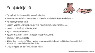 Suojatekijöitä
• Turvalliset, hyvinvoivat ja pysyvät aikuiset
• Vanhempien toimiva parisuhde ja lämmin huolehtiva kasvatuskulttuuri
• Perheen yhteinen aika
• Lapsen yksilöllisen temperamentin huomioiminen kasvatuksessa
• Lapsen terveelliset elämäntavat
• Hyvä suhde vanhempiin
• Hyvät sosiaaliset taidot ja lapsen muut vahvuudet
• Kokemus pärjäämisestä
• Ikätasoisen tai räätälöidyn tiedon saaminen silloin kun itsellä tai perheessä jollakin
muulla on sairauksia tai vaikeuksia
• Erityisongelmien asianmukainen hoito
Väkivallaton lapsuus toimintasuunnitelma (THL 2019)
 
