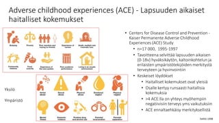 Adverse childhood experiences (ACE) - Lapsuuden aikaiset
haitalliset kokemukset
• Centers for Disease Control and Prevention -
Kaiser Permanente Adverse Childhood
Experiences (ACE) Study
• n=17 000, 1995-1997
• Tavoitteena selvittää lapsuuden aikaisen
(0-18v) hyväksikäytön, kaltoinkohtelun ja
erilaisten ympäristötekijöiden merkitystä
terveyteen ja hyvinvointiin
• Keskeiset löydökset
• Haitalliset kokemukset ovat yleisiä
• Osalle kertyy runsaasti haitallisia
kokemuksia
• >4 ACE:lla on yhteys myöhempiin
negatiivisiin terveys yms vaikutuksiin
• ACE ennaltaehkäisy merkityksellistä
Fellitti 1998
Yksilö
Ympäristö
 