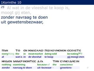 1Korinthe 10

Al wat in de vleeshal te koop is,
moogt gij eten,
zonder navraag te doen
uit gewetensbezwaar,
25

17

 