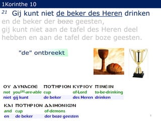 1Korinthe 10

Gij kunt niet de beker des Heren drinken
en de beker der boze geesten,
gij kunt niet aan de tafel des Heren deel
hebben en aan de tafel der boze geesten.
21

3

 