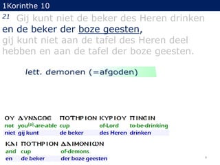 1Korinthe 10

Gij kunt niet de beker des Heren drinken
en de beker der boze geesten,
gij kunt niet aan de tafel des Heren deel
hebben en aan de tafel der boze geesten.
21

4

 