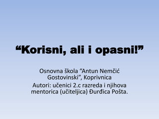 “Korisni, ali i opasni!”
Osnovna škola “Antun Nemčić
Gostovinski”, Koprivnica
Autori: učenici 2.c razreda i njihova
mentorica (učiteljica) Đurđica Pošta.

 