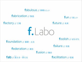 fabulous // 素晴らしい
fabrication // 製造

fun // 楽しい

factory // 工場

future // 未来

foolish // ばかげた

foundation // 基礎・土台
federation // 連合
fab // 誂える・拵える
あつら

こしら

failure // 失敗
fusion // 融合

facilitation // 促進

 