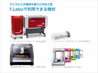 デジタル工作機械を備えた市民工房

f.Laboで利用できる機材

レーザーカッター（トロテック：Speedy300）

ペーパーカッター（グラフテック：Craft ROBO）

3D切削加工機（ローランドD.G.：MDX-40A）

3Dプリンター（3D Systems：Cube）

 