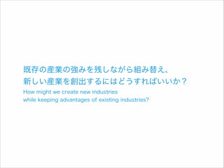 既存の産業の強みを残しながら組み替え、 
新しい産業を創出するにはどうすればいいか？
How might we create new industries  
while keeping advantages of existing industries?

 