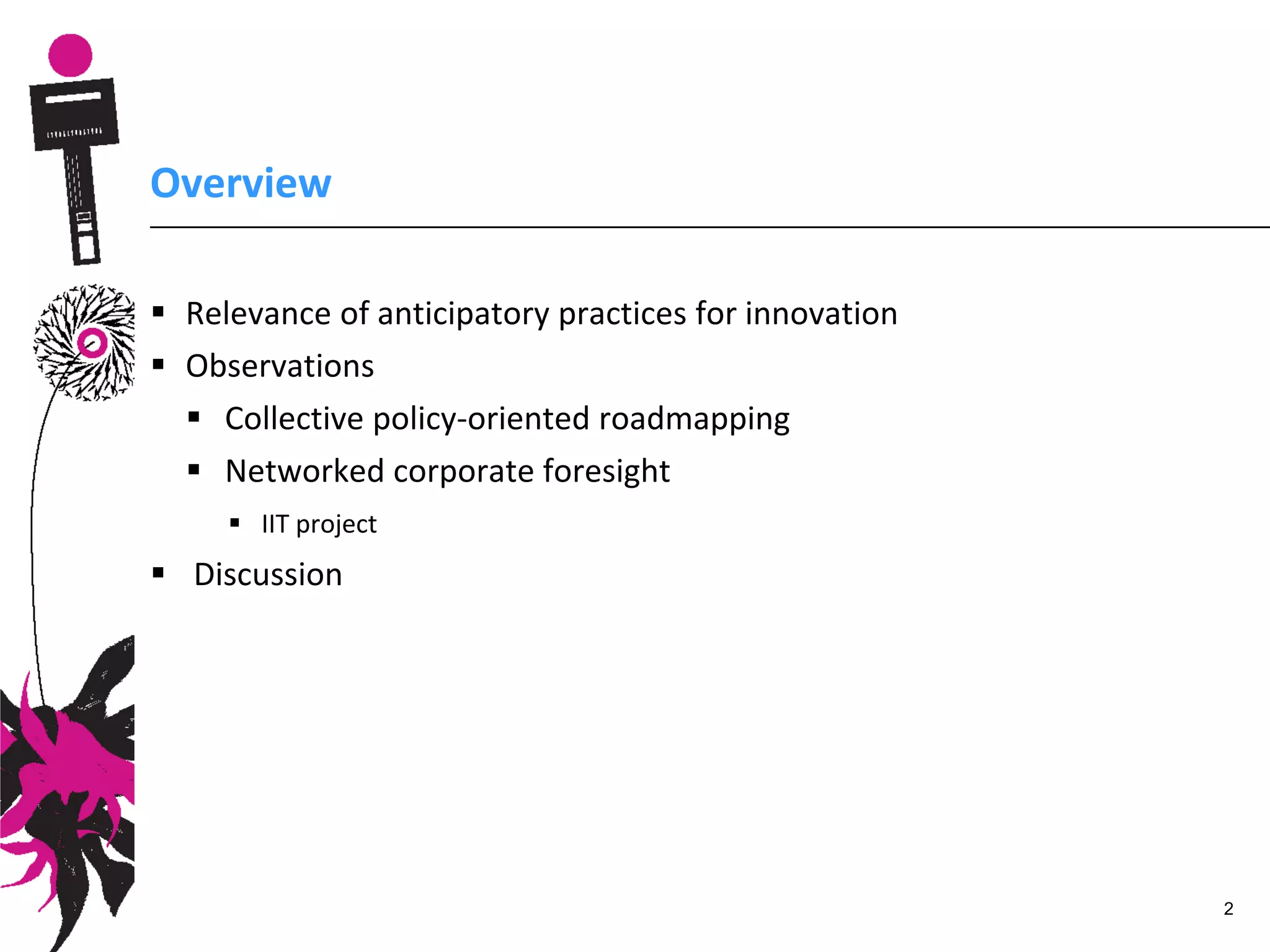 Overview
Relevance of anticipatory practices for innovation
Observations
Collective policy-oriented roadmapping
Networked corporate foresight
IIT project
Discussion
2