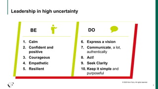 Leadership in high uncertainty
3
1. Calm
2. Confident and
positive
3. Courageous
4. Empathetic
5. Resilient
6. Express a v...
