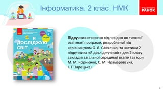 Інформатика. 2 клас. НМК
4
Підручник створено відповідно до типової
освітньої програми, розробленої під
керівництвом О. Я. Савченко, та частини 2
підручника «Я досліджую світ» для 2 класу
закладів загальної середньої освіти (автори
М. М. Корнієнко, С. М. Крамаровська,
І. Т. Зарецька).
 