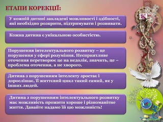 У кожній дитині закладені можливості і здібності,
які необхідно розкрити, підтримувати і розвивати.
Кожна дитина є унікальною особистістю.
Порушення інтелектуального розвитку – це
порушення у сфері розуміння. Несприятливе
оточення перетворює це на недолік, значить, це –
проблема оточення, а не хворого.
Дитина з порушенням інтелекту зростає і
дорослішає, її життєвий цикл такий самий, як у
інших людей.
Дитина з порушенням інтелектуального розвитку
має можливість прожити хороше і різноманітне
життя. Давайте надамо їй цю можливість!
 